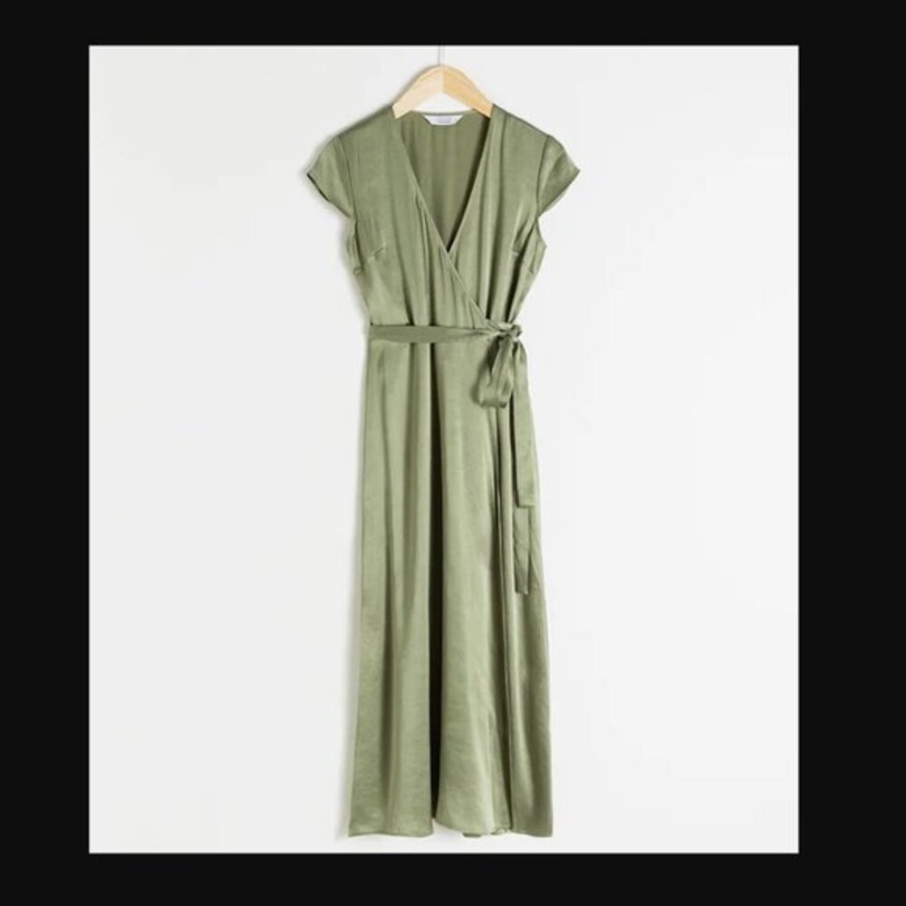NWT - & OTHER STORIES - Satin Midi Wrap Dress - Green - Size 8